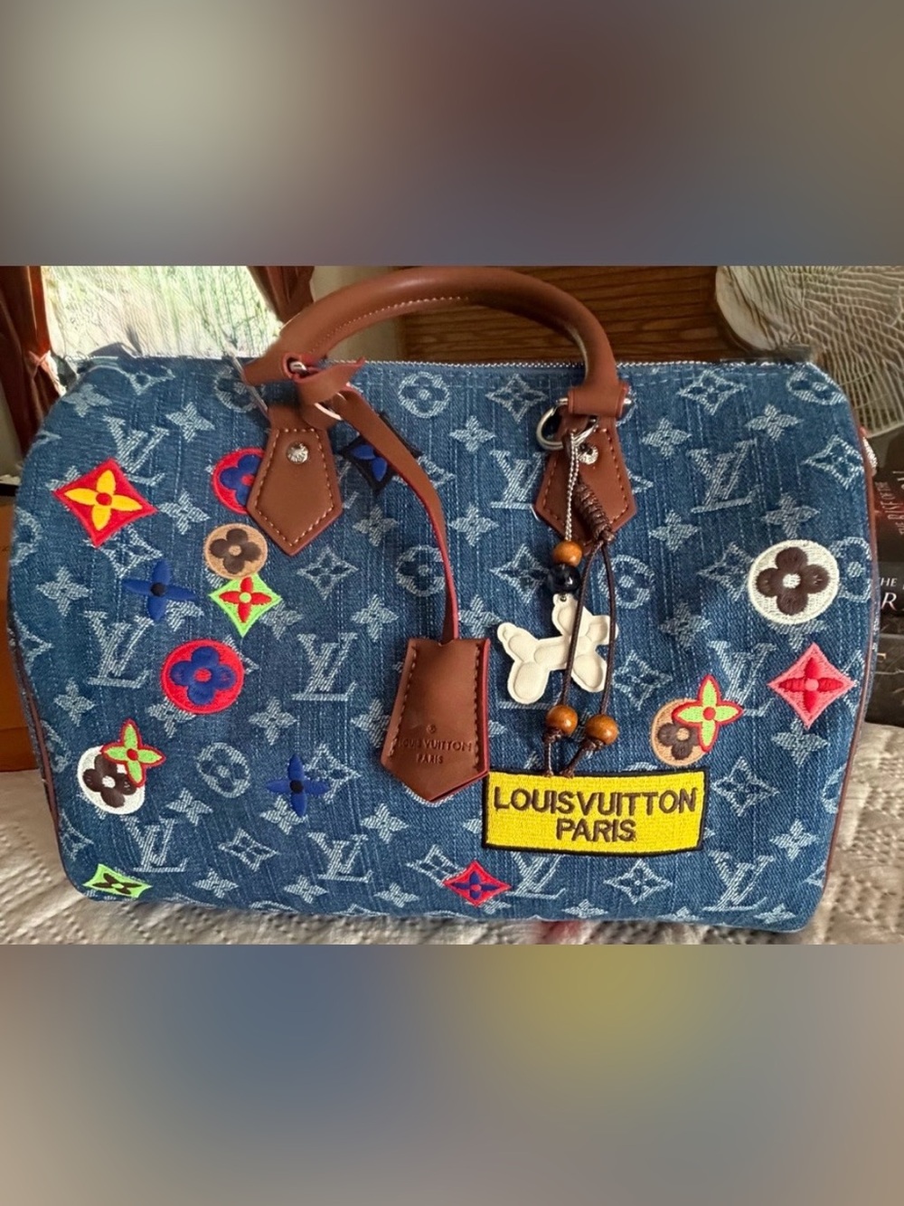 Denim Speedy 30 Satchel - Blue with Multicolor Embroidery Patch Accents